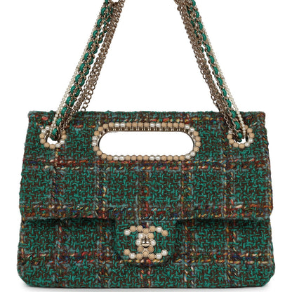 Chanel Large Double Flap Bag with Cut Out Handle and Multi Chain Green Tweed Gold Hardware