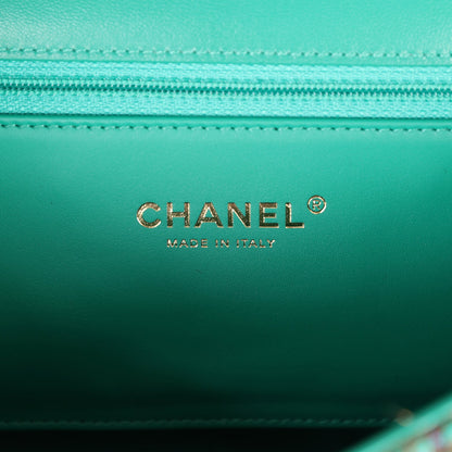 Chanel Large Double Flap Bag with Cut Out Handle and Multi Chain Green Tweed Gold Hardware