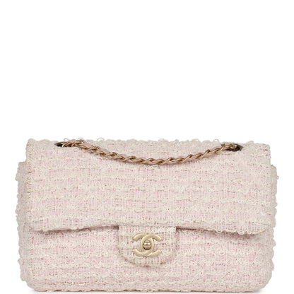 Chanel Medium Single Flap Bag Pink and White Tweed Brushed Gold Hardware