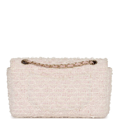 Chanel Medium Single Flap Bag Pink and White Tweed Brushed Gold Hardware