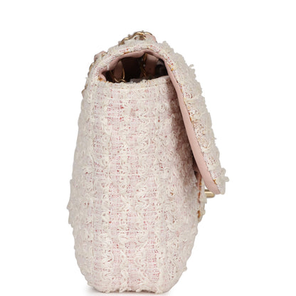 Chanel Medium Single Flap Bag Pink and White Tweed Brushed Gold Hardware