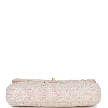 Chanel Medium Single Flap Bag Pink and White Tweed Brushed Gold Hardware