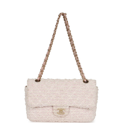 Chanel Medium Single Flap Bag Pink and White Tweed Brushed Gold Hardware