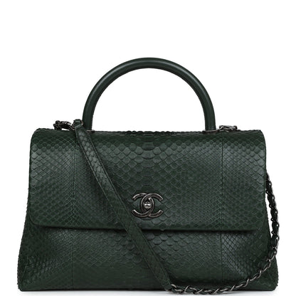 Chanel Medium Coco Handle Flap Bag Dark Green Python Ruthenium Hardware