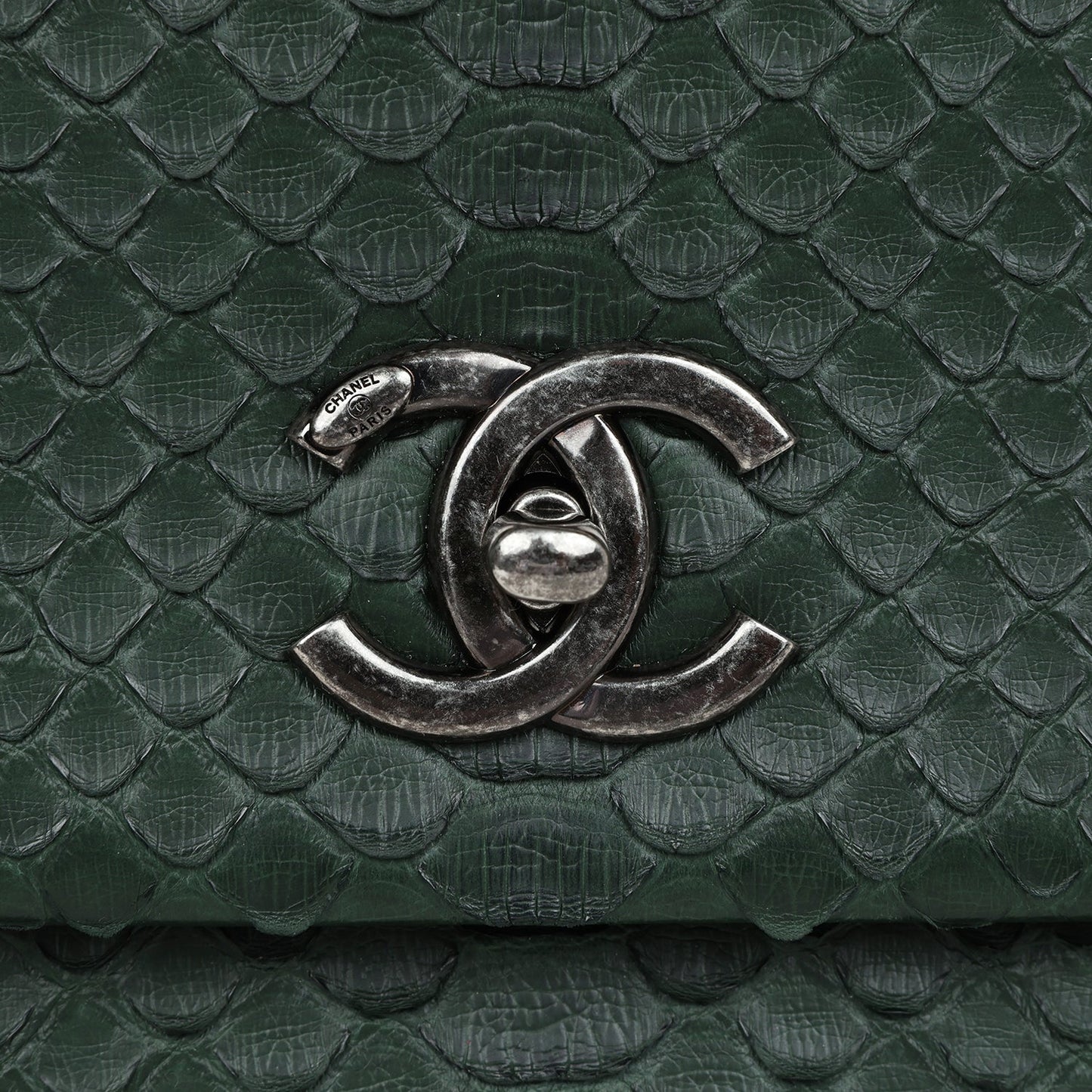 Chanel Medium Coco Handle Flap Bag Dark Green Python Ruthenium Hardware