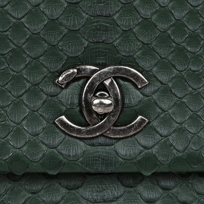 Chanel Medium Coco Handle Flap Bag Dark Green Python Ruthenium Hardware