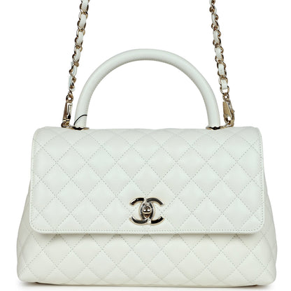 Chanel Medium Coco Handle Flap Bag White Caviar Light Gold Hardware