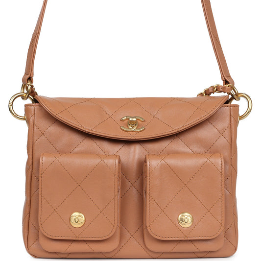 Chanel Double Pocket Hobo Bag Caramel Shiny Calfskin Brushed Gold Hardware