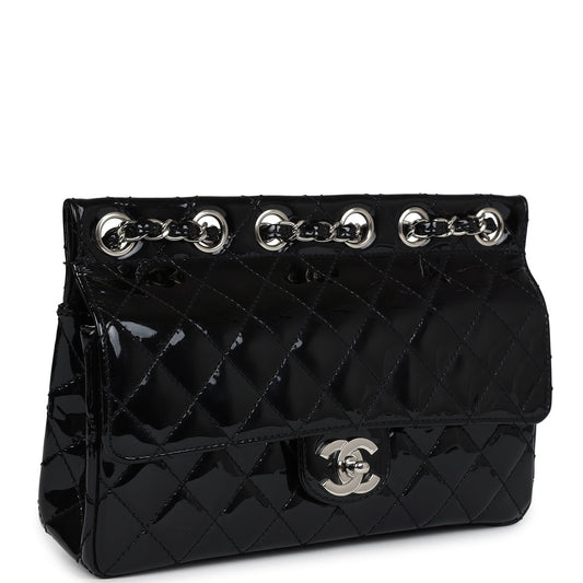 Chanel Vintage Chain Through Flap Bag Black Patent Silver Hardware