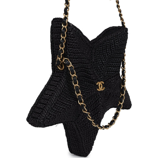 Chanel Star Coco Beach Bag Black Raffia Aged Gold Hardware