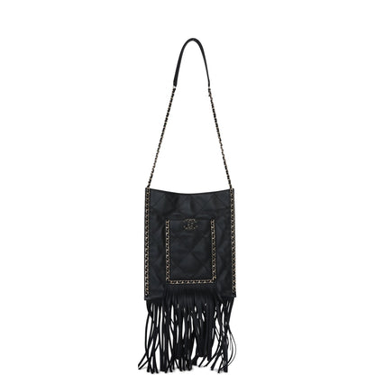 Chanel Small CC Fringe Shopping Bag Black Calfskin Light Gold Hardware
