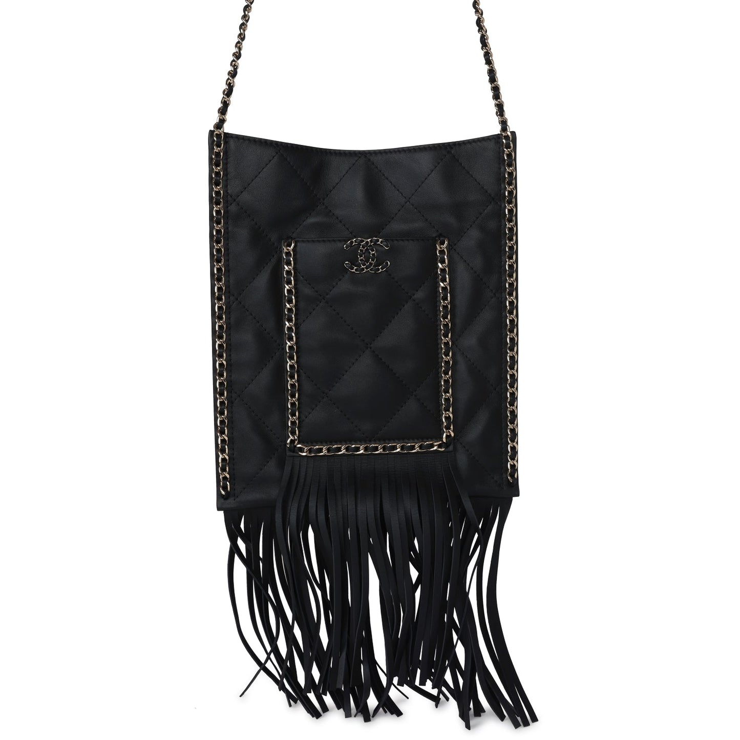 Chanel Small CC Fringe Shopping Bag Black Calfskin Light Gold Hardware