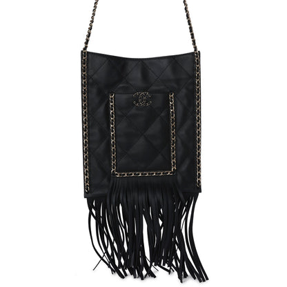 Chanel Small CC Fringe Shopping Bag Black Calfskin Light Gold Hardware