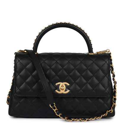 Chanel Medium Coco Top Handle Black Chevron Caviar Brushed Gold Hardware