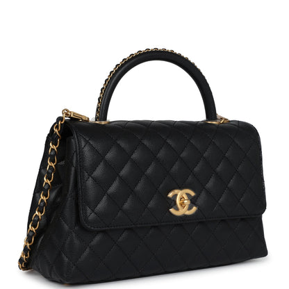Chanel Medium Coco Top Handle Black Chevron Caviar Brushed Gold Hardware