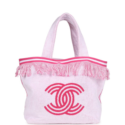 Chanel CC Beach Tote Bag & Towel Set Pink & White Canvas & Terry