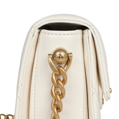 Chanel Mini Round Messenger Flap Bag White Caviar Antique Gold Hardware