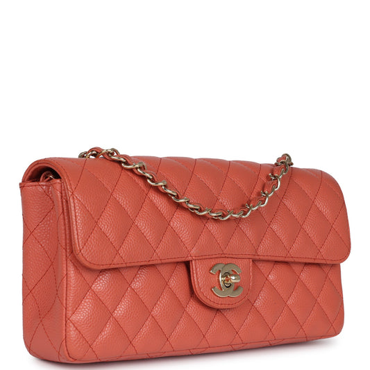 Chanel Classic East West Single Flap Coral Caviar Light Gold Hardware