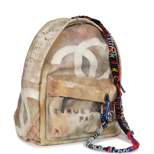 Chanel Graffiti Backpack Beige Multicolored Canvas Silver Hardware