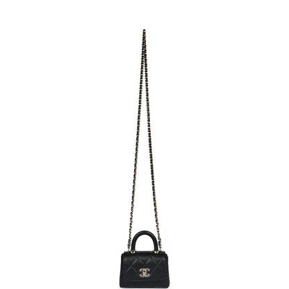 Chanel Nano Coco Top Handle Flap Bag Black Caviar Light Gold Hardware