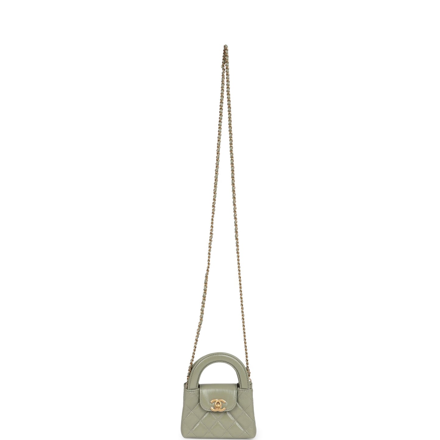 Chanel Nano Kelly Shopper Khaki Shiny Aged Calfskin Brushed Gold Hardware