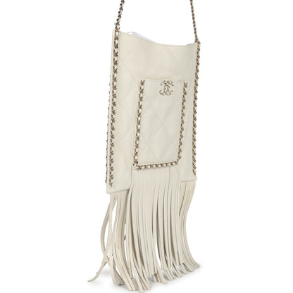 Chanel Small CC Fringe Shopping Bag White Calfskin Light Gold Hardware