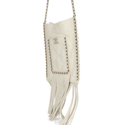 Chanel Small CC Fringe Shopping Bag White Calfskin Light Gold Hardware