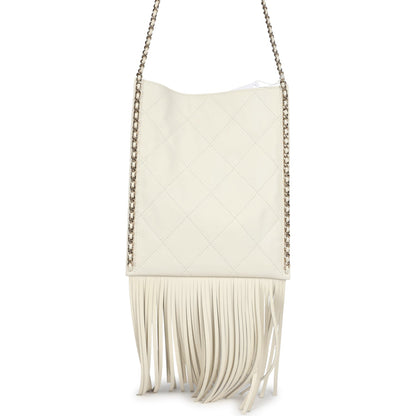 Chanel Small CC Fringe Shopping Bag White Calfskin Light Gold Hardware
