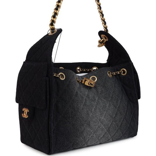 Chanel Small 25 Hobo Bag Black Washed Denim Antique Gold Hardware