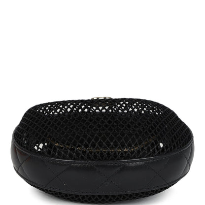 Chanel Mini Round Hobo Pouch Bag Black Mesh Light Gold Hardware