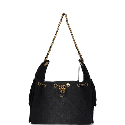 Chanel Small 25 Hobo Bag Black Washed Denim Antique Gold Hardware