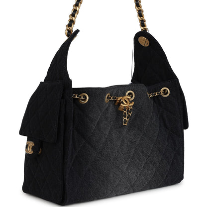 Chanel Small 25 Hobo Bag Black Washed Denim Antique Gold Hardware