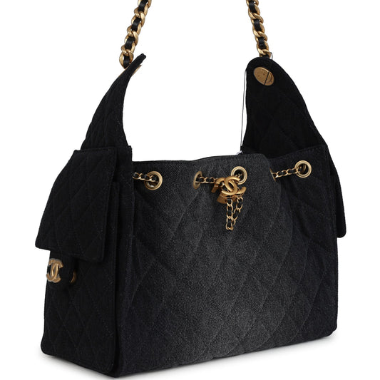 Chanel Small 25 Hobo Bag Black Washed Denim Antique Gold Hardware