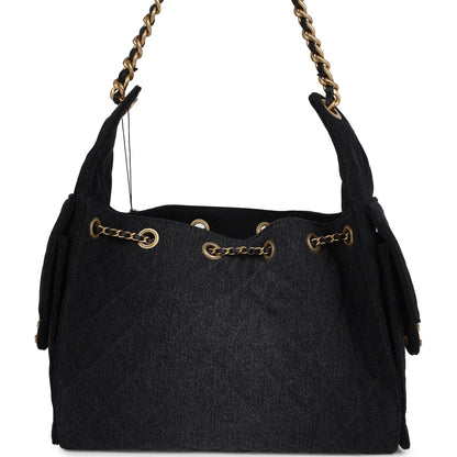 Chanel Small 25 Hobo Bag Black Washed Denim Antique Gold Hardware