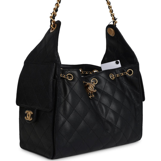 Chanel Small 25 Hobo Bag Black Caviar Antique Gold Hardware