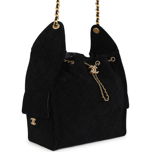 Chanel Large 25 Hobo Bag Black Suede Antique Gold Hardware
