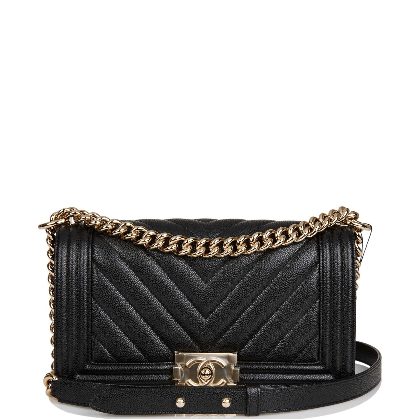Chanel Medium Boy Bag Black Chevron Caviar Light Gold Hardware