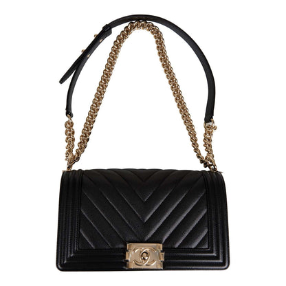 Chanel Medium Boy Bag Black Chevron Caviar Light Gold Hardware