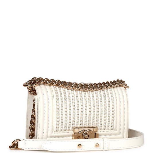 Chanel Small Boy Bag White Calfskin with Imitation Pearls Light Gold Hardware