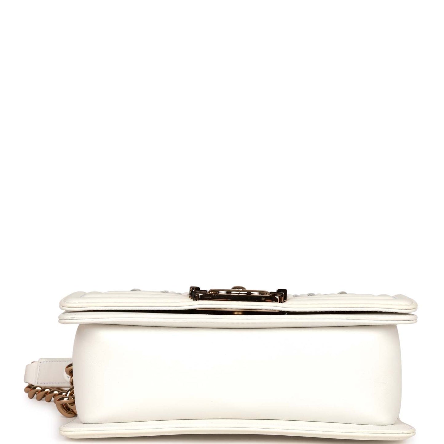 Chanel Small Boy Bag White Calfskin with Imitation Pearls Light Gold Hardware