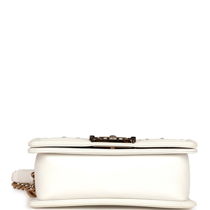 Chanel Small Boy Bag White Calfskin with Imitation Pearls Light Gold Hardware
