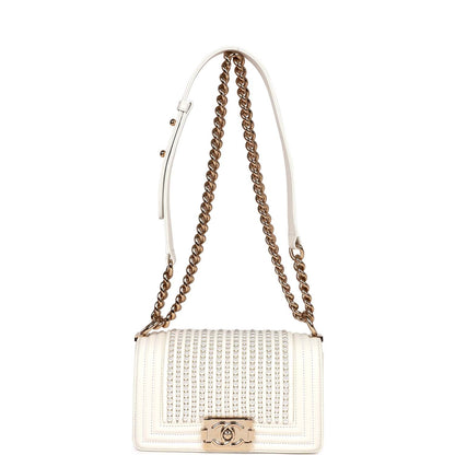 Chanel Small Boy Bag White Calfskin with Imitation Pearls Light Gold Hardware