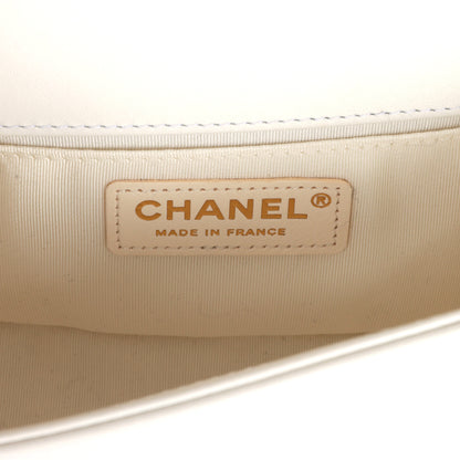 Chanel Small Boy Bag White Calfskin with Imitation Pearls Light Gold Hardware