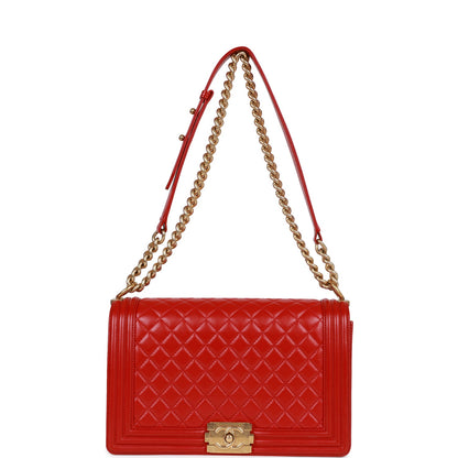Chanel New Medium Boy Bag Red Lambskin Antique Gold Hardware