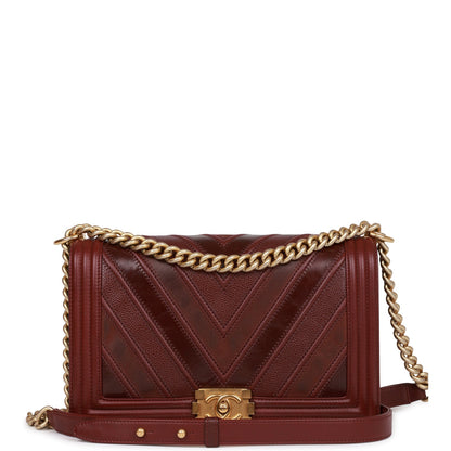 Chanel New Medium Boy Bag Burgundy Chevron Antique Gold Hardware