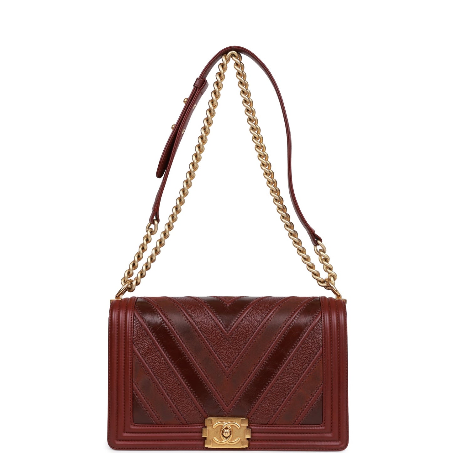Chanel New Medium Boy Bag Burgundy Chevron Antique Gold Hardware