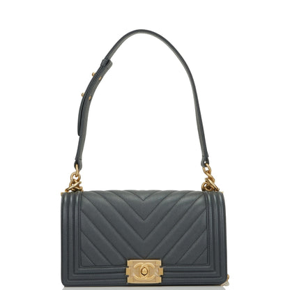 Chanel Medium Boy Bag Dark Grey Chevron Caviar Antique Gold Hardware