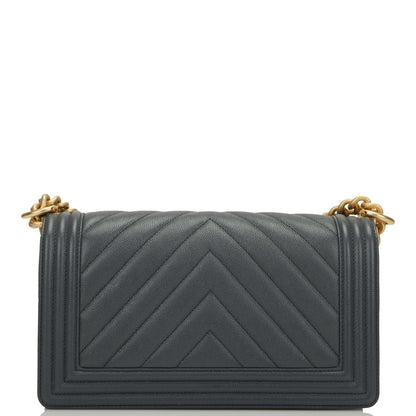 Chanel Medium Boy Bag Dark Grey Chevron Caviar Antique Gold Hardware