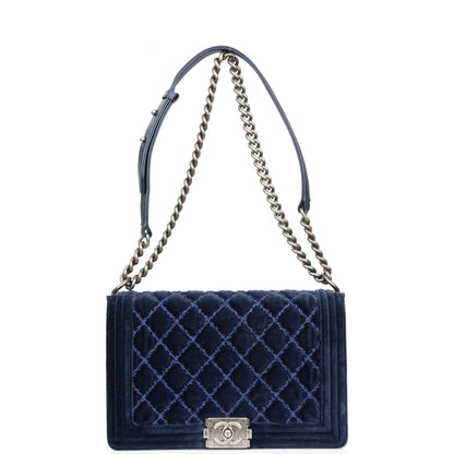 Chanel Large Boy Bag Blue Velvet Ruthenium Hardware