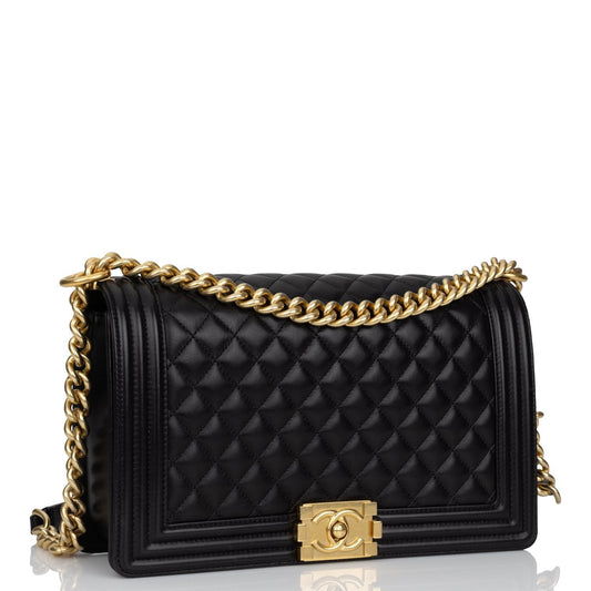 Chanel New Medium Boy Bag Black Lambskin Antique Gold Hardware